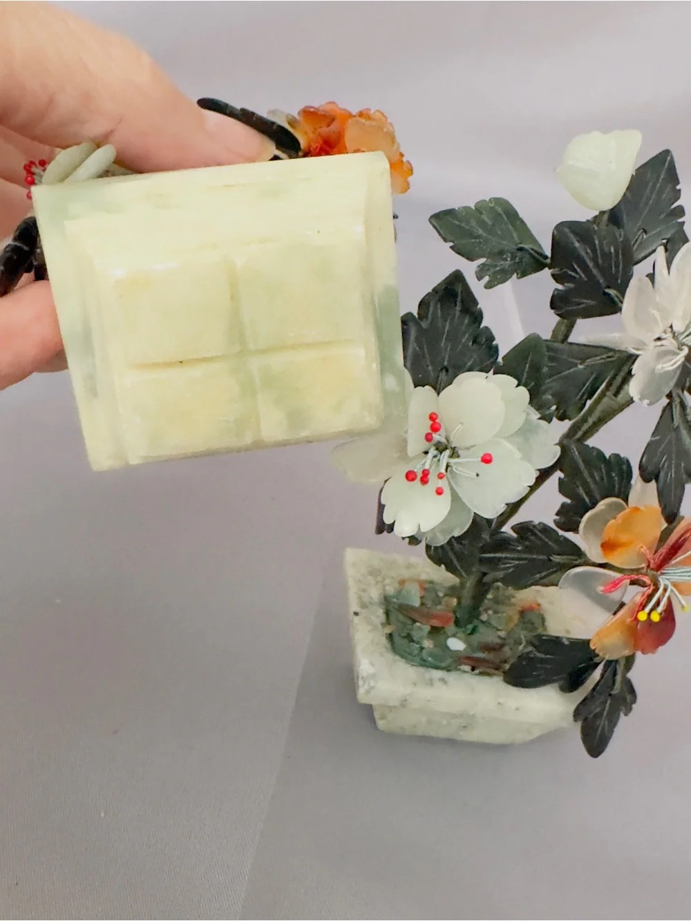 Asian Jade Hardstone Flower Bonsai Trees Jade Planter Pair - White and Orange